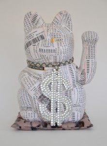 Get lucky 2014 paper on plastic, rhinestones, acrylic paint on plastic, metal bell, chain, silk, polyester 27x 19x16cm
