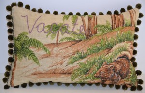 Vacate (front), 2016, repurposed tea toel, embroidery, cloth, trims, 26 x 44 x 7cm