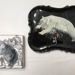 Ursus maritimus(too little ice) & Pusa hispida, 2017, 19x4, 13x13, gouache on repurposed plate and wallpaper