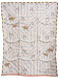 The downtrodden, 2018, screen printed reclaimed fabric, plastic chain and figures, enamel paint, cotton thread, woollen blanket, cotton wadding, 86 x 108cm, photo Brenton McGeachie