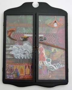State of emergency, 2014, oil on board and glass, wooden housing with glass doors, 57 x 42cm (closed)