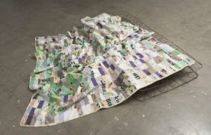 Landscape divided, 2018, screen printed reclaimed fabric, cotton thread, bed sheet, cotton wadding, 200 x 200cm, photo Brenton McGeachie