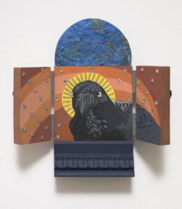 Altar'd: raven at my table (blue), 2024, Mahogony, reclaimed art frame, rhinestones, plastic bottle lids, gouache, rabbit skin glue, metal hinges, 25 x 14cm(closed), front view, photo Brenton McGeachie