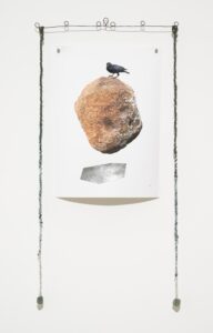 Heavy flight: stance of forgiveness, 2024, Pigment print on Hahnemühle photo rag, silver leaf, metal wire, glass beads, textile cord unique state, 90 x30cm, photo Brenton McGeachie