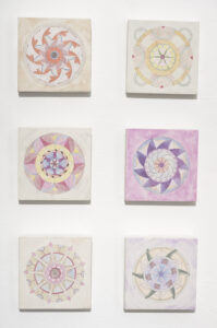 Il faut cultiver notre jardin exhibition view of 8 works, 2024, egg tempera on traditional gesso boards, 13 x 13cm each, photo Brenton McGeachie