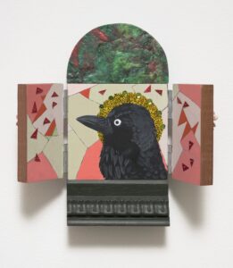 Altar'd, talking to the birds (green), 2024, mixed media, 25 x 14cm closed, front view, photo Brenton McGeachie