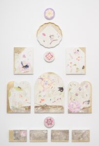Espirit d'jardin, 2024, egg tempera and gold leaf on traditional gesso boards, 240 x 140cm, photo Brenton McGeachie